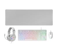 Combo Gaming 4 en 1 - Clavier TKL H-Mech, Souris 3200 dpi RVB, Casque avec Annulation de Bruit, Tapis XXL antidérapant, Couleur Blanche.