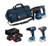 Coffret d'outils sans fil Bosch (GSR 18 V-65 + GDX 18 V-285 + GBH 18 V-22, 3 batteries GBA 18 V 5,0 Ah, GAL 12 V-18 V-80) 0615A50093