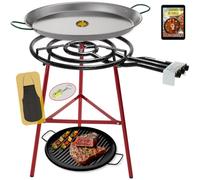 COMBOI Poêle à paella gaz butane 60 cm Kit brûleur 3 feux, poêle à paella de 70 cm + grill 46 cm, support pieds renforcés, niveau, tablier, livre de recettes numérique.
