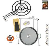 COMBOI Poêle à paella gaz butane 60 cm, poêle à paella 70 cm, brûleur, régulateur de gaz, tuyau, pieds trépied, niveau à bulle, tablier, livre de recettes numérique (set 600 + pieds de trépied)