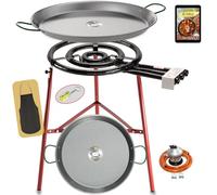 COMBOI Réchaud à gaz butane, kit professionnel brûleur plat 53 cm, poêles à paella polies 70 et 42 cm, régulateur, tuyau, pieds renforcés, niveau, tablier, livre de recettes numériques (kit à paella