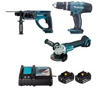 Combopack 3 outils 18V (2x4.0 Ah) Li-Ion (DHP453 + DGA504 + DHR202) - MAKITA DLX3136M