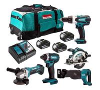 Makita DLX6046 Set sans fil DGA452Z + DHP458Z + DJR186Z + DML802 + DSS610Z + DTD152Z + 195