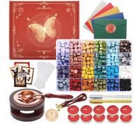 Comealltime Kit de cire à cacheter, 630 perles en 24 couleurs, Papillons tampon, chauffe-cire à cacheter, cuillères, bougies chauffe-plat, enveloppes, stylos en métal pour décorations et DIY