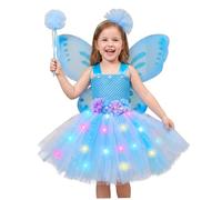 Comebachome Costume de papillon pour filles, ensemble de costumes fée 4 pièces comprenant une robe lumineuse, une aile papillon, baguette et un bandeau XL, pour filles