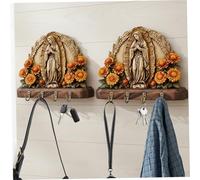 Comebachome Lot de 2 porte-clés muraux en bois de la Vierge avec 4 crochets, ornements religieux plats rustiques pour entrée, couloir ou espace vie, décoration intérieure pour la maison