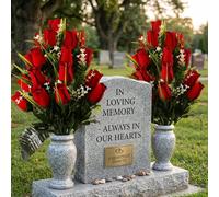 Comebachome Paquet de 2 Fleurs de cimetière, Roses Rouges artificielles, Fleurs funéraires réalistes, Fleur commémorative extérieure 21, 3 Pouces pour la décoration la Tombe, Tombe