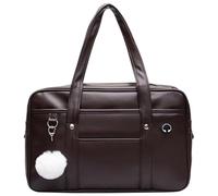 Comebachome Sac d'école japonais portable de capacité en cuir PU, sac à main d'école à fermeture éclair avec trou pour câble 'écouteur pour filles, marron