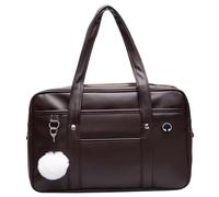 Comebachome Sac d'école japonais portable de capacité en cuir PU, sac à main d'école à fermeture éclair avec trou pour câble 'écouteur pour filles, marron, décor