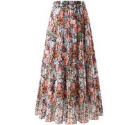comefohome Jupe longue plissée en mousseline de soie avec taille élastique et volants pour femme, Floral-04, 3XL