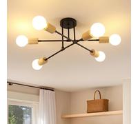 Comely Plafonnier Vintage, 6 Lumières Lustre Plafonnier Sputnik Industriel Noir, E27 Lampe de Plafond en Métal et Bois pour Salon Chambre Salle à Manger, Max. 60W