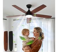 Comely Ventilateur de Plafond 132 cm avec Lumière LED Télécommande, 6 Vitesses Silencieux, 3 Températures Couleur, Moteur DC Réversible Été/Hiver, Ventilateur Plafond Vintage Salon, Noyer & Noir