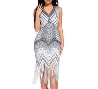 Comeon Robe Gatsby, Robe des années 1920 Art Déco à paillettes, motif cachemire, franges, robe de soirée glamour pour femme, blanc, 36