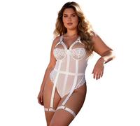 comeondear Body Femme Sexy Chic Blanc Lingerie avec Porte-Jarretelles Une Pièce Négligé en Dentelle Babydoll Teddy Nightwear Bretelles Réglables avec 2 Poignets de Cuisse(Blanc,M-L)