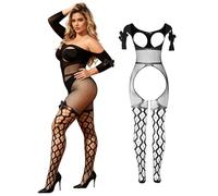 comeondear Bodystocking Grande Taille Ouverte Entrejambe Dessous Érotique Sexy Femme Transparente Lingerie Résille Tenue Hot Bas Fishnet Bodysuit Body Nuisettes Combinaison en Boîte Noir D,L-XXL