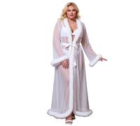 comeondear Grande Taille Robe de Chambre Sexy Ouverture Kimono Transparent Femme avec Ceinture Chemise de Nuit Dentelle Robe Longue Lingerie Nuisette Peignoir de Bain Manche Longue(Blanc,XL-XXL)