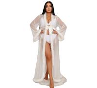 comeondear Grande Taille Robe de Chambre Sexy Ouverture Kimono Transparent Femme avec Ceinture Chemise de Nuit Dentelle Robe Longue Lingerie Nuisette Peignoir de Bain Manche Longue(Blanc,3XL-4XL)