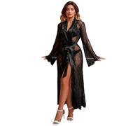 comeondear Kimono de Plage en Dentelle Sexy Bikini Cover Up Cardigan Été Transparente Kimono Ouvert Femme avec Ceinture Grande Taille Cache-Maillots Chemise de Nuit Lingerie Longue Nuisette Noir,XL
