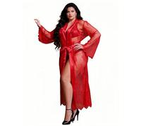 comeondear Kimono de Plage en Dentelle Sexy Bikini Cover Up Cardigan Été Transparente Kimono Ouvert Femme avec Ceinture Grande Taille Cache-Maillots Chemise de Nuit Lingerie Longue Nuisette Rouge,L