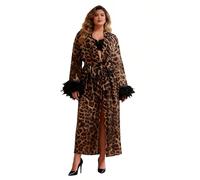 comeondear Robe de Chambre Sexy Grande Taille Ouvert Léopard Kimono Transparent Femme avec Ceinture Chemise de Nuit Dentelle Robe Longue Lingerie Nuisette Peignoir de Bain Manche Longue(Léopard,M)