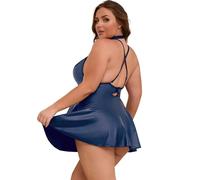 comeondear Robe Sexy Femme Érotique Grande Taille Simili Cuir Tenue Moulante Mini Robe Courte Wetlook Clubwear Ensemble de Lingerie Dos Nu Col V avec Anneau de Cou(Bleu,XXL)