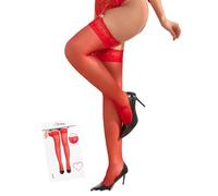 comeondear Sexy Bas Autofixants Femmes Dentelle Transparent Grande Taille Bas pour Porte Jarretelles avec Antidérapant Silicone de Nylon 20DEN Collants Chaussettes de Cuisse en Boîte Rouge,XS-M