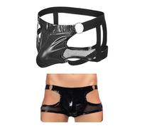comeondear Sexy Boxershorts Cuir Vernis Boxer Wetlook Shorts Caleçons Ouvert Envers Jockstrap Slip Lingerie Sexy Homme Clubwear Punk sous-vêtements Élastique Underwear Noir,L