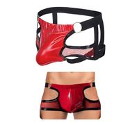 comeondear Sexy Boxershorts Cuir Vernis Boxer Wetlook Shorts Caleçons Ouvert Envers Jockstrap Slip Lingerie Sexy Homme Clubwear Punk sous-vêtements Élastique Underwear Rouge,L