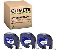 COMETE 3 Ruban Compatible avec Dymo 91201 S0721610 12mm x 4m Noir/Blanc | Marque Française, 3 Rubans, pour Dymo LetraTag LT-100H, LT-100T, LT-100H Plus, Dymo LetraTag QX50, LetraTag XR, LetraTag 2000