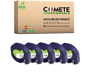 COMETE 5 Rubans compatible pour Letratag 91200 12mm x 4m Noir sur Blanc | Marque Française, 5 Rubans, pour Dymo Etiqueteuse LetraTag LT-100T LT-100H XR