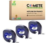 COMETE, marque française - 91201-3 Rubans pour Etiqueteuse Compatibles avec Dymo LetraTag 12mm x 4m Noir sur Blanc - Recharge pour LT-100H LT-100T (Plastic White Label Tape S0721610) (3 Noir)