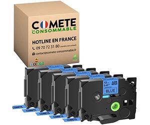 COMETE CONSOMMABLE - Ruban Etiqueteuse - Idéal Remplacement Ruban Brother TZe - Lot De 5 Rubans Laminés (12mm x 8m, Noir sur bleu)
