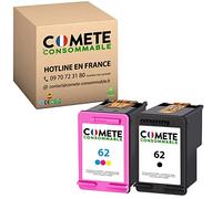 COMETE, Marque française - 62 - Pack 2 Cartouches d'encre Compatibles pour HP 62 (C2P05AE + C2P07AE) Encre Noir + Couleur pour HP Envy 5540 5640 5642 5644 5646 7640 7645 OfficeJet 5740 5742 5744