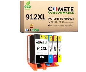 COMETE, Marque française - 912XL - 4 Cartouches d'encre Compatibles avec HP 912 XL - pour HP OfficeJet 8012 8014 8015 8017 HP OfficeJet Pro 8022 8023 8025 (1 Noir et 3 Couleur)
