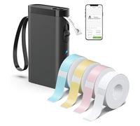 COMETE, Marque française - Étiqueteuse Portable avec 4 Rubans Adhésifs : 1 Blanc, 1 Bleu, 1 Rose et 1 Jaune, Imprimante d'Etiquettes Bluetooth sans Fil - Noire