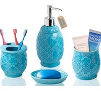 Comfify Ensemble de 4 accessoires de bain en céramique pour salle de bain - Comprend un distributeur de savon liquide ou de lotion avec porte-brosse à dents, gobelet, porte-savon - Treillis marocain -