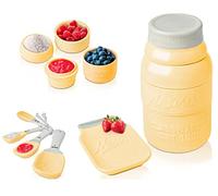 Comfify Ensemble de Cuisine Pot Mason Vintage Ensemble de Décoration Céramique pour la Cuisine a/ 4 Verres à Mesurer, 4 Cuillères à Mesurer et Un Support à Cuillère - en Céramique Jaune Embossée