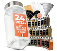 comforder Barattoli Spezie Quadrati 24 Pezzi, Barattoli Spezie con Etichette Italiano, Setaccio e Imbuto, Porta Spezie Cucina Assortiti e Quadrati con Coperchio in Acciaio Inox, 120 ml