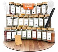 comforder - Pots à Épices en Verre et Bois + 336 Étiquettes Françaises pour Épices + 2 Moulins - 24 Bocaux de Cuisine 120 ml