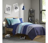 Comfort Spaces Bed in a Bag Parure de lit 6 pièces pour Adolescent à Rayures Bleu Marine et Grises pour lit jumeau, 2 Poches latérales, Organiseur de Chambre à Coucher, Bleu Marine