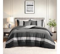 Comfort Spaces Parure de lit 3 pièces en microsuède de Luxe, Design à Rayures aux Couleurs contrastées, Revers en Microfibre brossée Douce, taies Assorties, lit Double/Grand lit, Noir