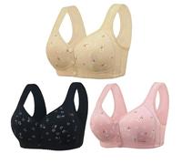 Comfortable & Convenient Front Button Bra, Wireless Push Up Wide Straps Breathable Bra, Daisy Bras for Older Women (3pcs-B,54)