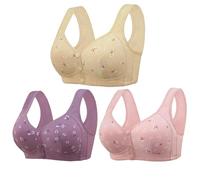 Comfortable & Convenient Front Button Bra, Wireless Push Up Wide Straps Breathable Bra, Daisy Bras for Older Women (3pcs-A,50)