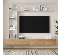 ComfortXL Ensemble Meuble TV Mural 180 x 35 x 22,5 cm avec vitrines, Support multimédia Comprenant Un Panneau TV, Une étagère autoportante et Une étagère Murale, Ensemble de Meubles TV pour s