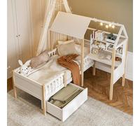 ComfortXL Lit Enfant 90 x 200 cm avec barrière Anti-Chute et sommier à Lattes, Bureau en L avec étagère, tiroirs à roulettes, lit cabane Multifonctionnel en Bois Massif, Blanc