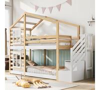 ComfortXL Lit Enfant Treehouse 90 x 200 cm, lit superposé pour Enfants avec fenêtre, Rangement et Protection antichute, Naturel et Blanc, avec sommier à Lattes et 2 sommiers à Lattes (sans Matelas)