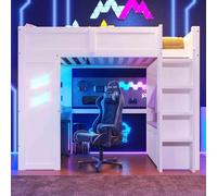ComfortXL Lit Mezzanine 90 x 200 cm, lit Gaming avec Bureau intégré, équipé de lumières LED, 1 Port USB, 1 Port USB-C, échelle, Bureau, tiroir, penderie, Matelas Non Inclus, Blanc