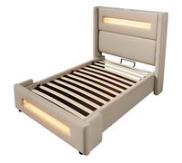 ComfortXL Lit Simple 90x200 Cm en Lin Beige avec LED, Rangement Hydraulique Et Recharge USB Type-c