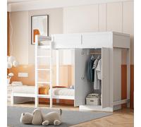 ComfortXL Lit superposé 90 * 200cm, avec escalier de sécurité Vertical, Armoire, Design Haute clôture, sommier à Lattes, lit Enfant, lit superposé, Blanc