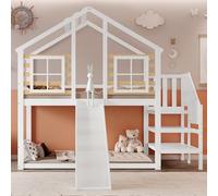 ComfortXL Lit Superposé Cabane Enfant 90x200 Cm Bois Blanc avec Toboggan Et Fenêtre